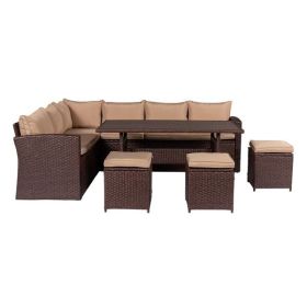 8-Piece Set Outdoor Rattan Dining Table And Chair Brown Wood Grain Rattan Khaki Cushion Plastic Wood Surface