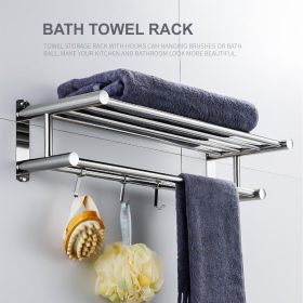 Bath Towel Rack Double Layered Bathroom Shelves with 4 Removable Hooks Wall Mounted Towel Holder 23 Inch Towel Bar Rustproof Stainless Steel Towe (Color: Silver)