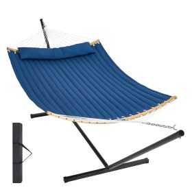 VEVOR Two Person Hammock with Stand Included, Double Hammock with Curved Spreader Bar and Detachable Pillow and Portable Carrying Bag (Type of Support: T Type, Color: Blue)